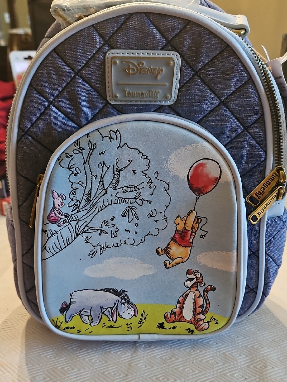 Disney Winnie the Pooh Blue Quilted Kids Backpack with Character Front Pocket